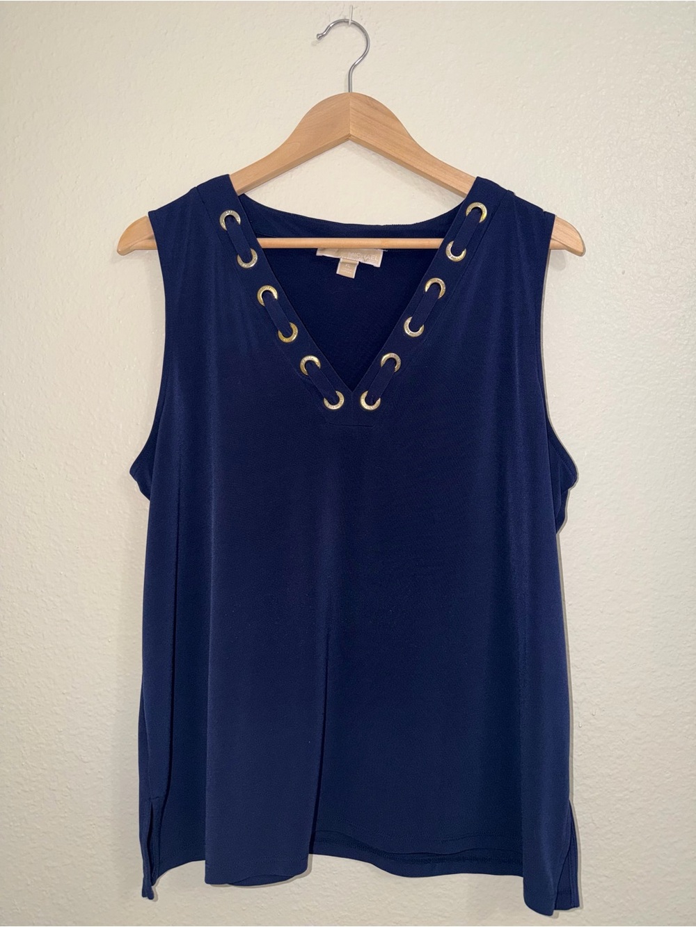 Michael Kors Navy Sleeveless V-Neck Tank with Gold Grommets